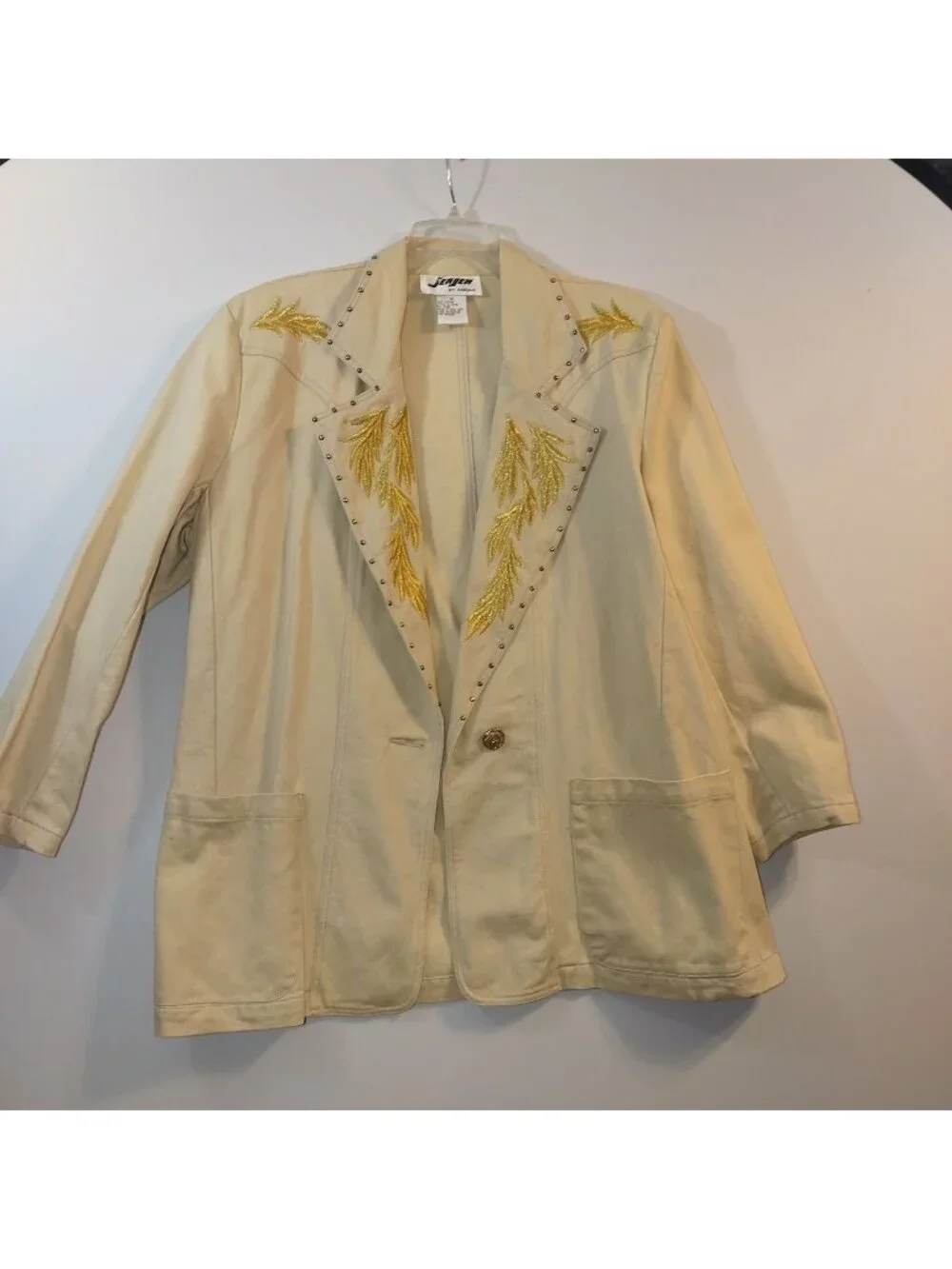 Vintage Jen Jen By Darian Beige Blazer W/Gold Embroidery & Studded Lapel -1XL